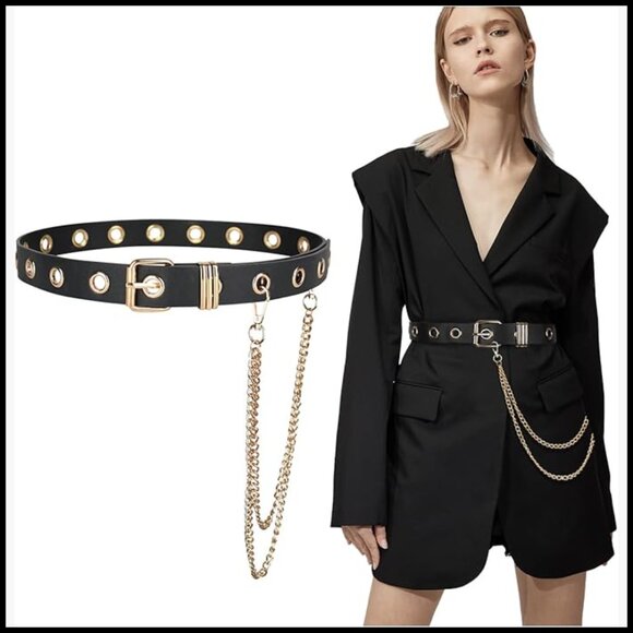 PU Leather Grommet Belt with Detachable Chain Punk Style Waist main image 6